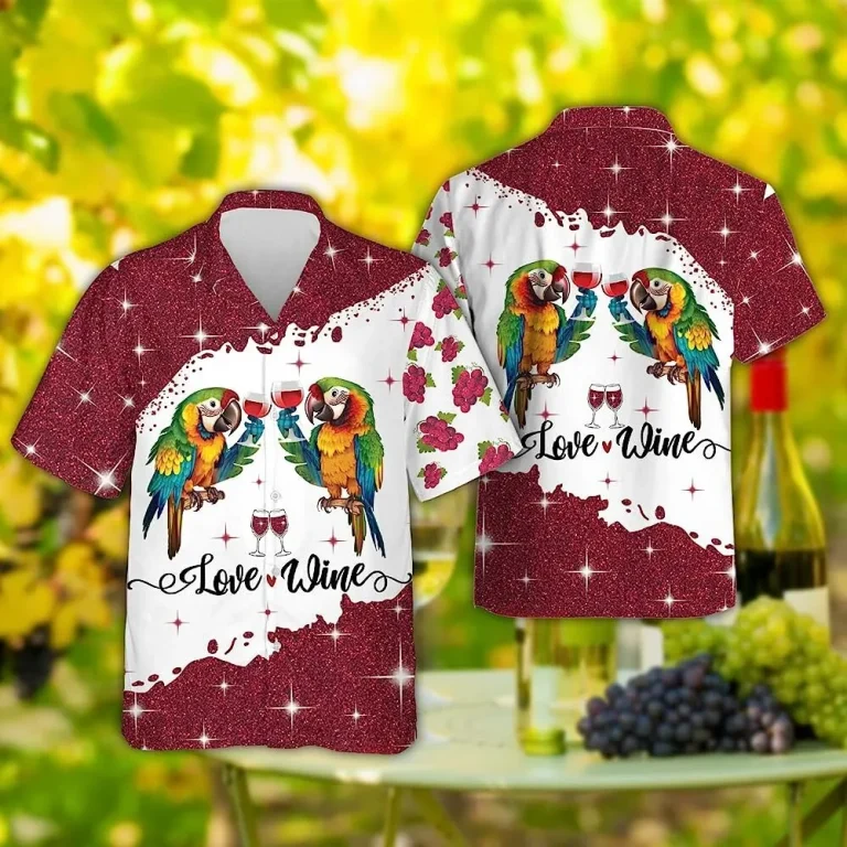 Funny Parrots Love Wine Glitter Hawaiian Shirt, Parrot Vintage Beach Shirt, Button Down Hawaiian Shirt, Aloha Vibes Beach Shirt, Summer Aloha Shirt