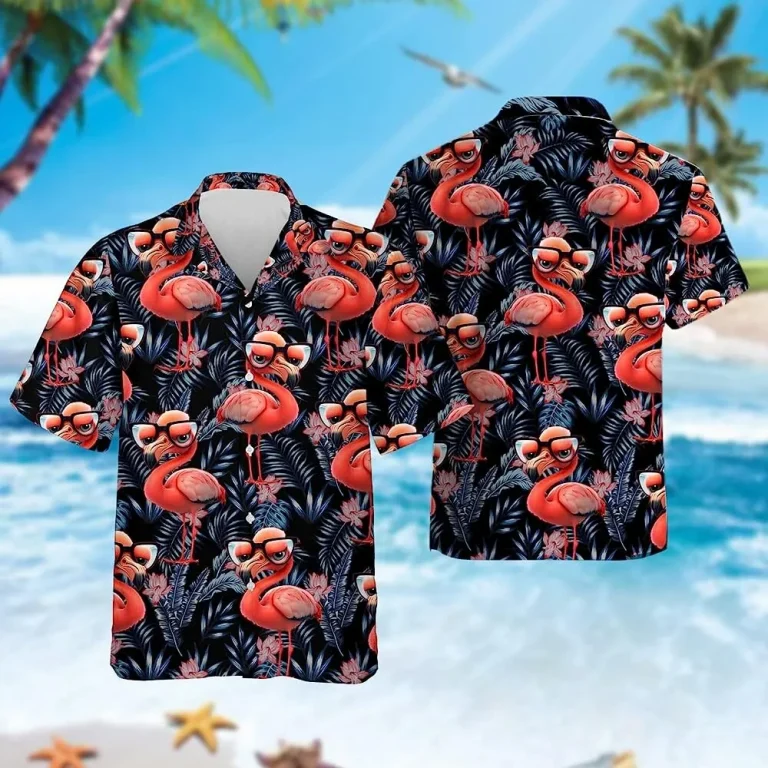 Funny Flamingo Tropical Beach Shirt, Flamingo Hawaiian Shirt, Casual Button Down Shirt Short Sleeve, Summer Aloha Shirt, Vintage Hawaii Beach Shirt