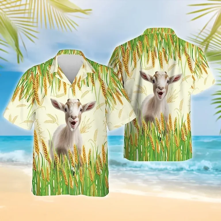 Baby Goat And Wheat Hawaiian Shirt, Farming Hawaiian Aloha Shirt, Short Sleeve Button Down Hawaiian Shirt, Aloha Summer Shirt For Farmers