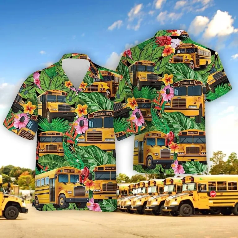 School Bus Tropical Pattern Hawaiian Shirt Short Sleeve, Bus Driver Back To School Hawaiian Casual Button Down Shirt, Summer Aloha Beach Shirt