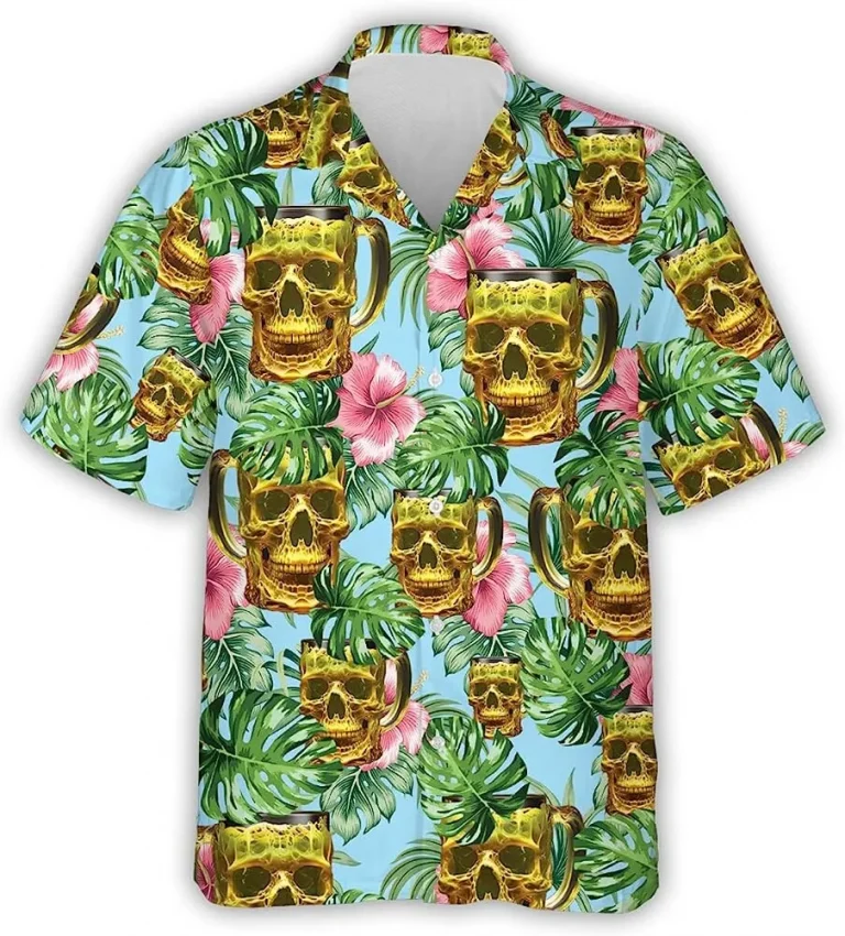 Beer Skull Tropical Pattern Hawaiian Shirt, Tropical Beach Shirt For Beer Lovers, Casual Button Down Hawaiian Shirt, Summer Aloha Beach Shirt