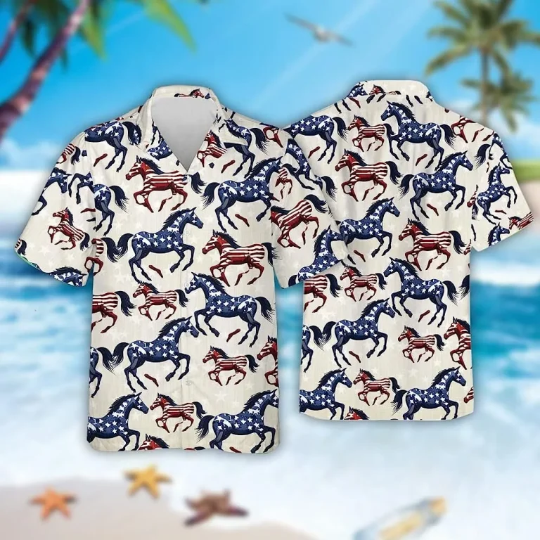 Blue And Red Stars And Stripes Horse Hawaiian Shirt, American Horse Shirt, Independence Day Shirt, Family Aloha Shirt, Summer Beach Shirt