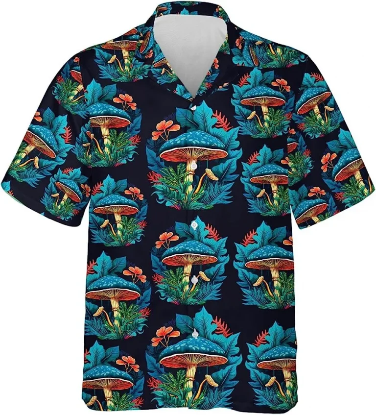 Mushroom Tropical Pattern Print Shirt, Mushroom Hawaiian Shirt, Tropical Summer Beach Aloha Button Down Short Sleeve Mens Hawaiian