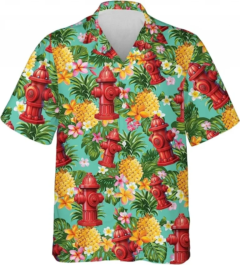 Fire Hydrant Tropical Pineapple Hawaiian Aloha Shirt For Men Women, Firefighter Hawaiian Shirt, Beach Style Button Down Shirt, Summer Beach Shirt