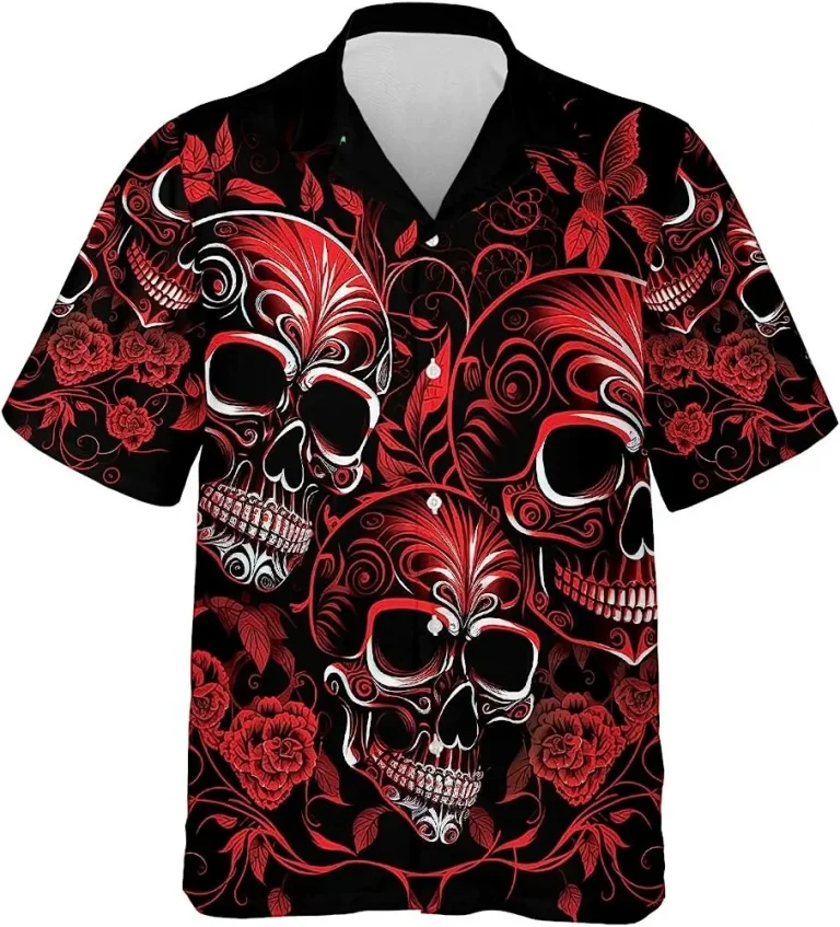 Floral Skull Summer Mens Hawaiian Shirt, Skull Summer Beach Shirt, Short Sleeve Button Down Hawaiian Shirt, Summer Aloha Shirt, Hawaiian Style Shirt