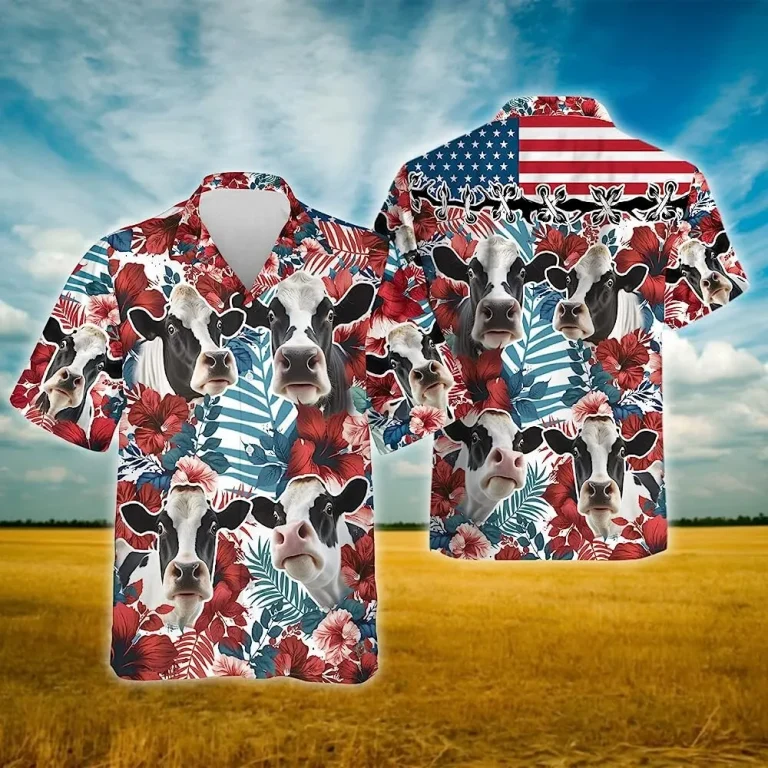 Funny Dairy Cow Hibiscus Summer Men Hawaiian Shirt, Dairy Cow Shirt, Hibiscus Flower Hawaiian Shirt, Beach Style Button Down Shirt