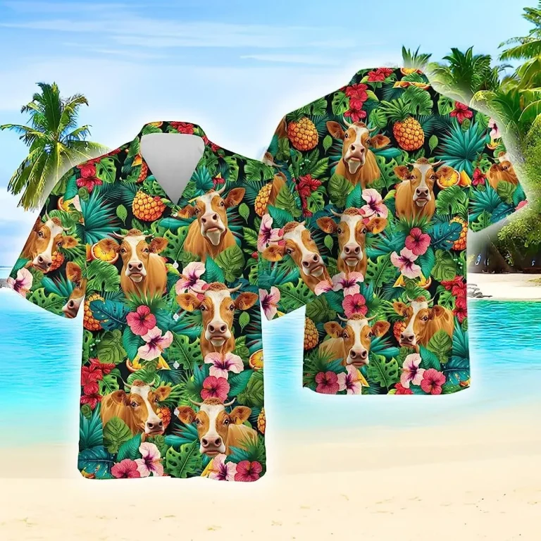 Pineapple And Hibiscus Cow Hawaiian Shirts, Cow Cattle Tropical Beach Shirt, Family Hawaiian Beach Shirt, Short Sleeve Button Down Hawaiian Shirt
