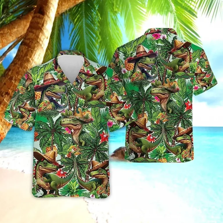 Mexican T-rex Tropical Pattern Hawaiian Shirts, Dinosaur Tropical Beach Shirt, Casual Printed Beach Summer Shirt, Aloha Shirt, Hawaiian Style Shirts