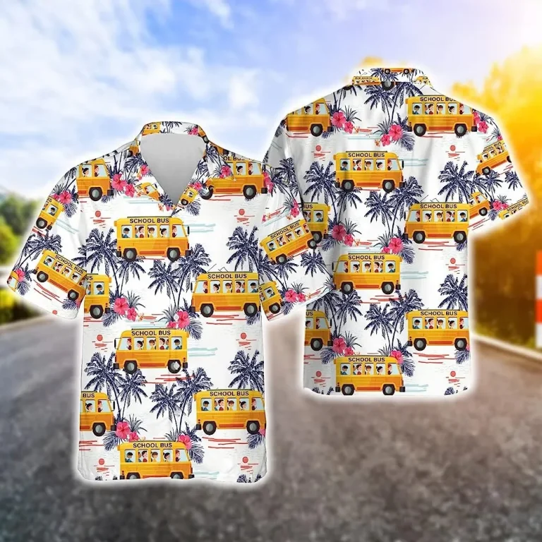 School Bus Tropical Pattern Shirt For Men Women, Bus Drivers Aloha Tropical Flowers Hawaiian Shirt, Beach Style Button Down Shirt