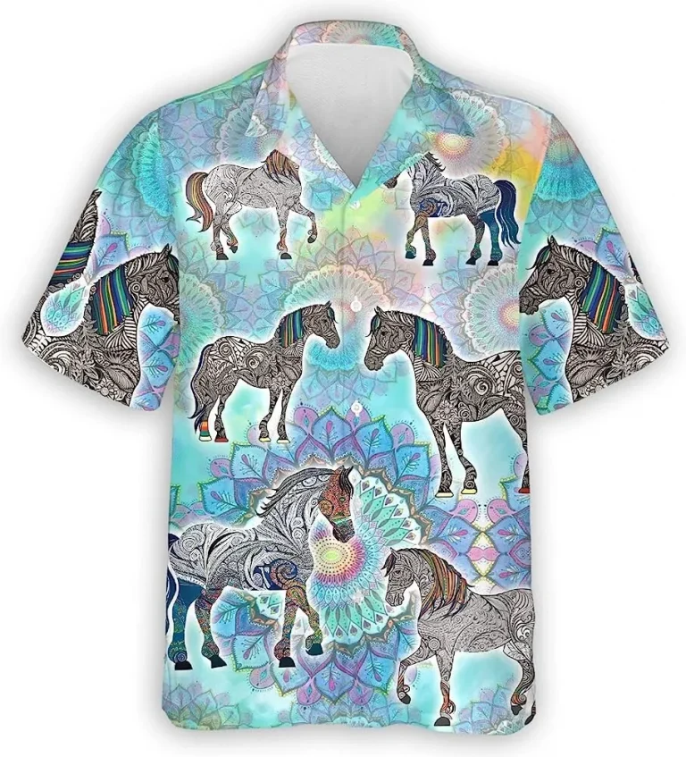 Rainbow Mandala Horse Hawaiian Shirt, Horse Shirt, Short Sleeve Button Down Hawaiian Shirt, Summer Beach Shirt, Hawaiian Aloha Shirt