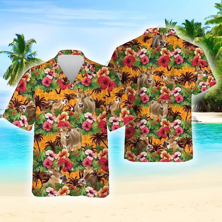 Hibiscus Flower And Cow Tropical Summer Aloha Hawaiian Shirts, Summer Tropical Pattern Hawaiian Shirt, Casual Button Down Shirt, Short Sleeve Shirt