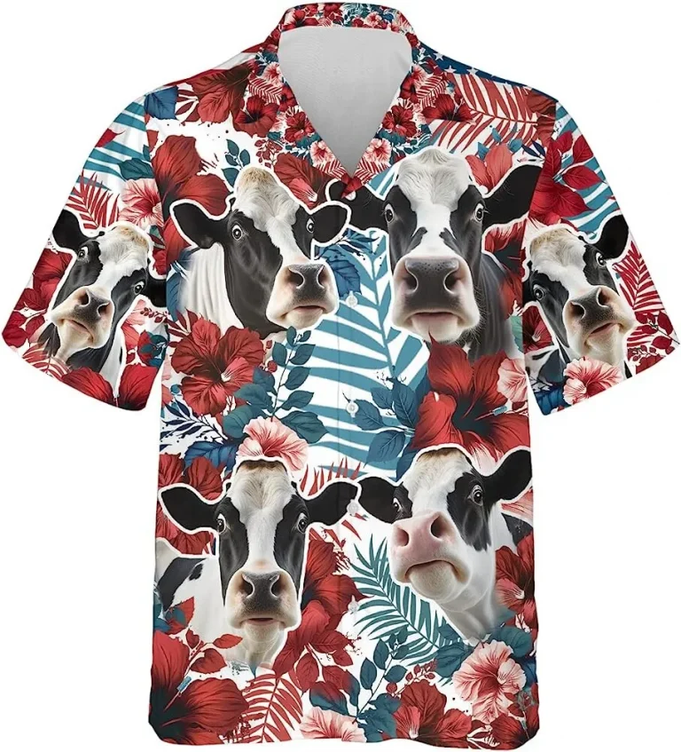 Funny Dairy Cow Hibiscus Summer Men Hawaiian Shirt, Dairy Cow Shirt, Hibiscus Flower Hawaiian Shirt, Beach Style Button Down Shirt
