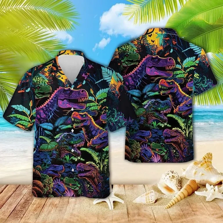 Neon T Rex Dinosaur Hawaiian Shirts, Dinosaur Casual Button Down Shirt, Summer Beach Shirt, Summer Vacation Hawaiian Shirt, Best Gift For Men