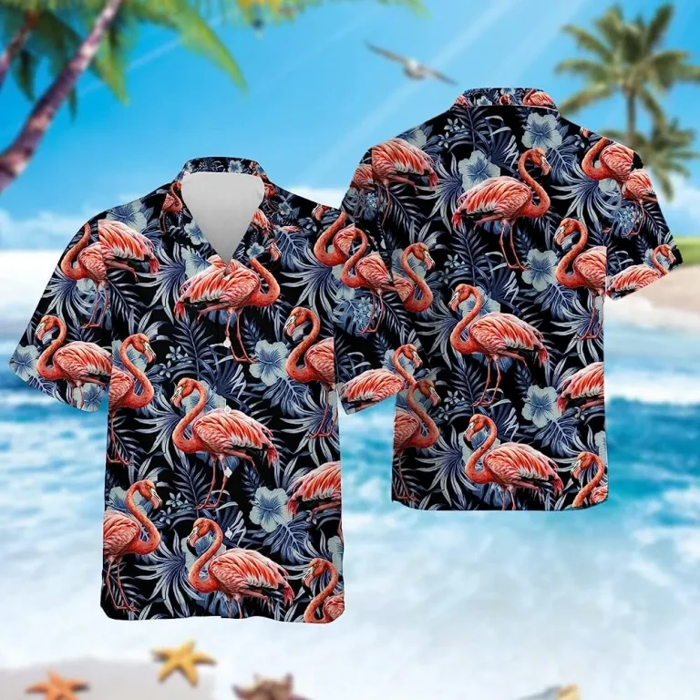 Hibiscus Flower And Flamingo Hawaiian Aloha Shirt, Flamingo Tropical Pattern Shirt, Casual Printed Beach Summer Shirt, Family Aloha Shirts