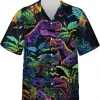 Neon T Rex Dinosaur Hawaiian Shirts, Dinosaur Casual Button Down Shirt, Summer Beach Shirt, Summer Vacation Hawaiian Shirt, Best Gift For Men