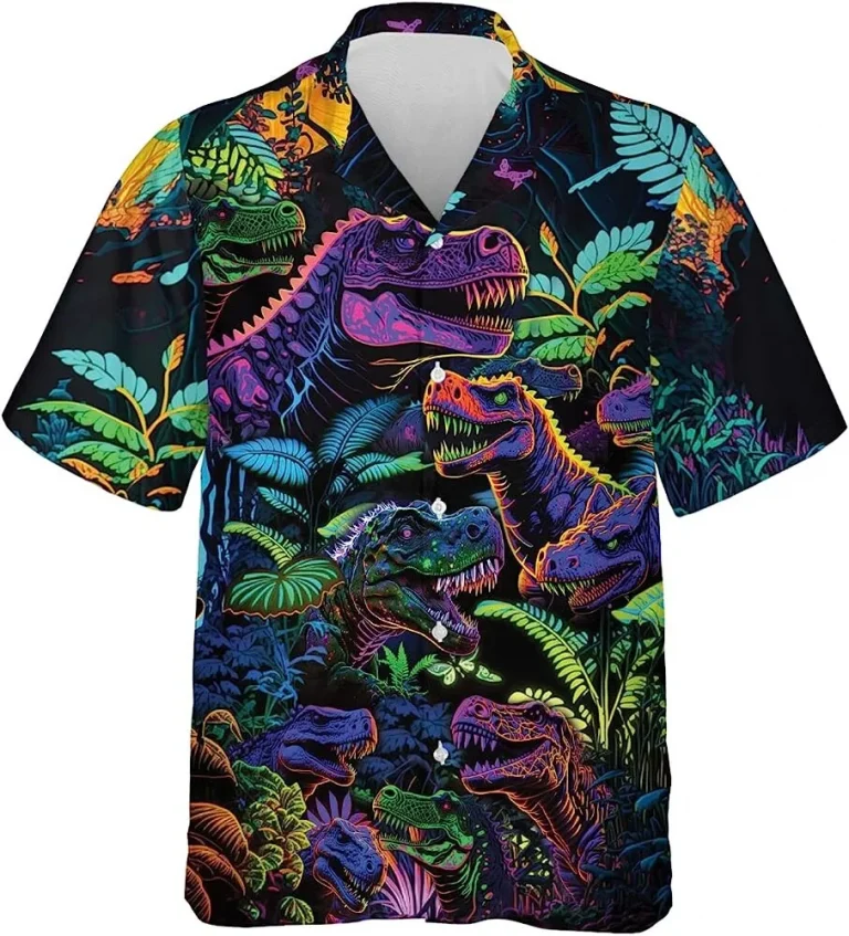 Neon T Rex Dinosaur Hawaiian Shirts, Dinosaur Casual Button Down Shirt, Summer Beach Shirt, Summer Vacation Hawaiian Shirt, Best Gift For Men
