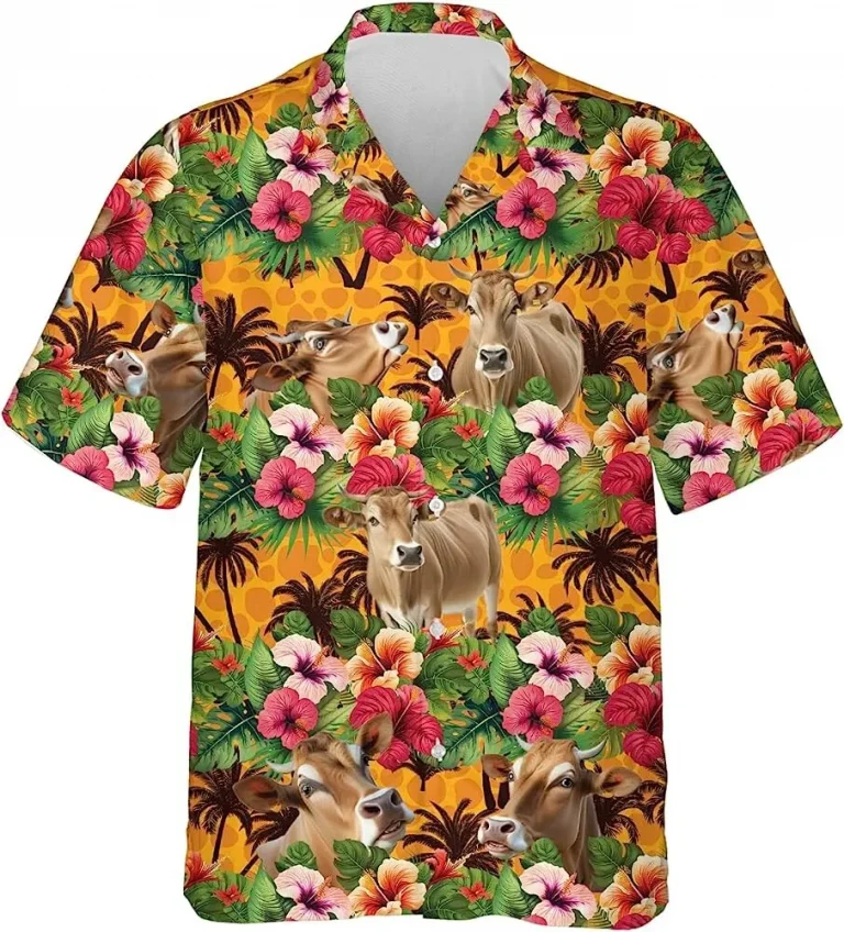 Hibiscus Flower And Cow Tropical Summer Aloha Hawaiian Shirts, Summer Tropical Pattern Hawaiian Shirt, Casual Button Down Shirt, Short Sleeve Shirt