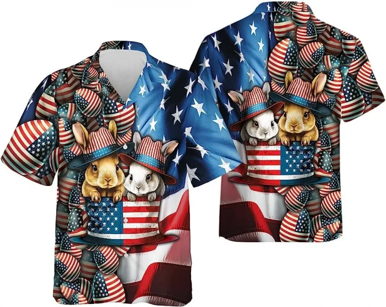 American Flag Easter Bunny Hawaiian Shirt, Summer Beach Aloha Button Down Short Sleeve Mens Hawaiian, Patriotic Shirt, Rabbit Shirt, Us Flag Shirt