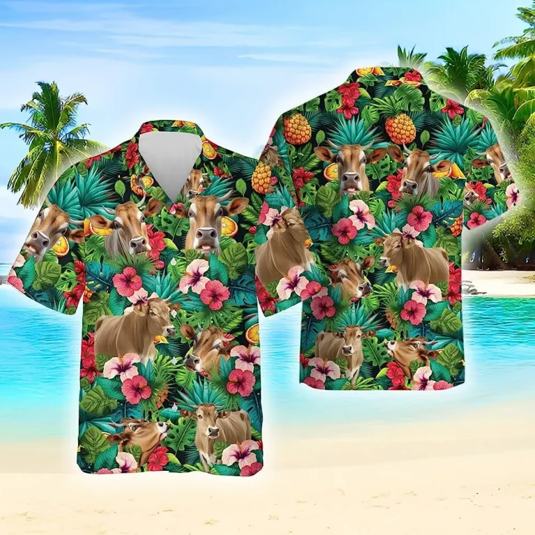 Cow And Hibiscus Flower Tropical Beach Shirt, Cow Summer Hawaiian Shirts For Men, Button Down Shirt, Short Sleeve Hawaiian Aloha Shirt
