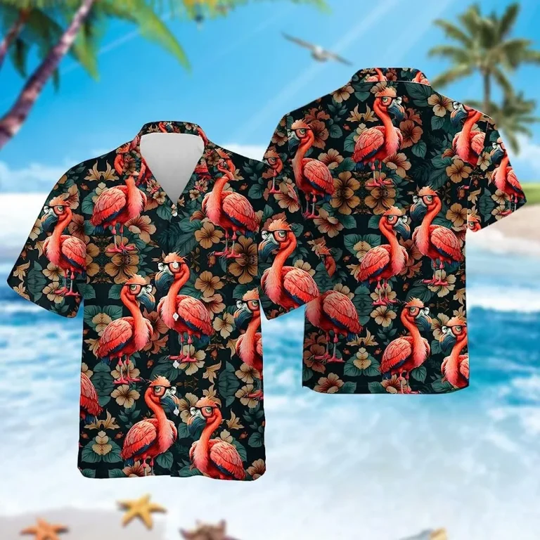 Flamingo Tropical Pattern Summer Mens Hawaiian Shirt, Flamingo Button Down Shirt, Hibiscus Flower Hawaiian Shirt, Summer Beach Shirt, Vacation Shirt