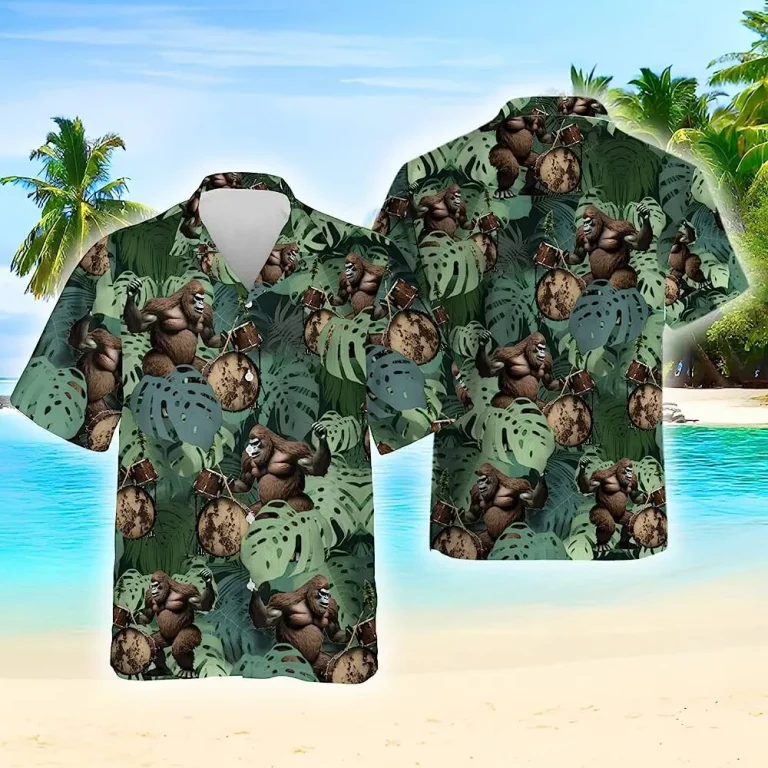 Bigfoot Playing Drum Tropical Pattern Hawaiian Shirt, Bigfoot Shirt, Tropical Summer Beach Aloha Button Down Short Sleeve Mens Hawaiian, Drummers Gift