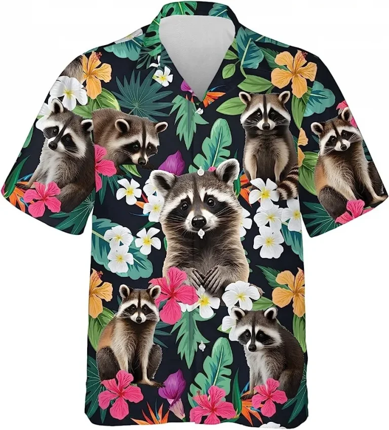 Raccoon Tropical Flower Hawaiian Shirt For Men Women, Beach Style Button Down Shirt, Tropical Beach Shirt, Short Sleeve Summer Beach Shirt