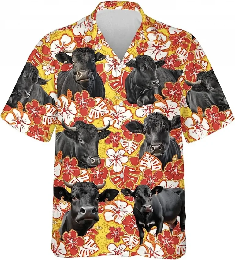 Cattle Black Angus And Hibiscus Flower Hawaiian Shirts, Tropical Summer Beach Aloha Button Down Short Sleeve Mens Hawaiian, Summer Beach Shirt