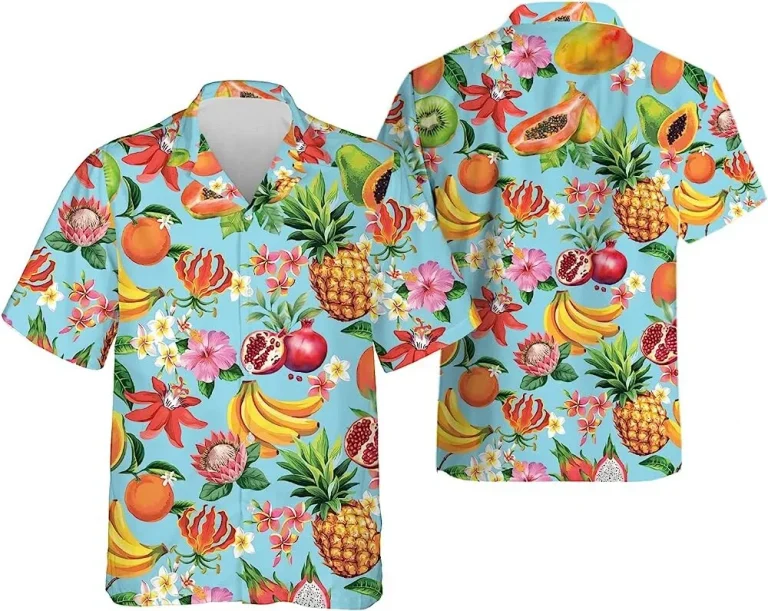 Fruit And Hibiscus Tropical Aloha Hawaiian Shirt, Aloha Vibes Beach Shirt, Tropical Summer Beach Aloha Button Down Short Sleeve Mens Hawaiian