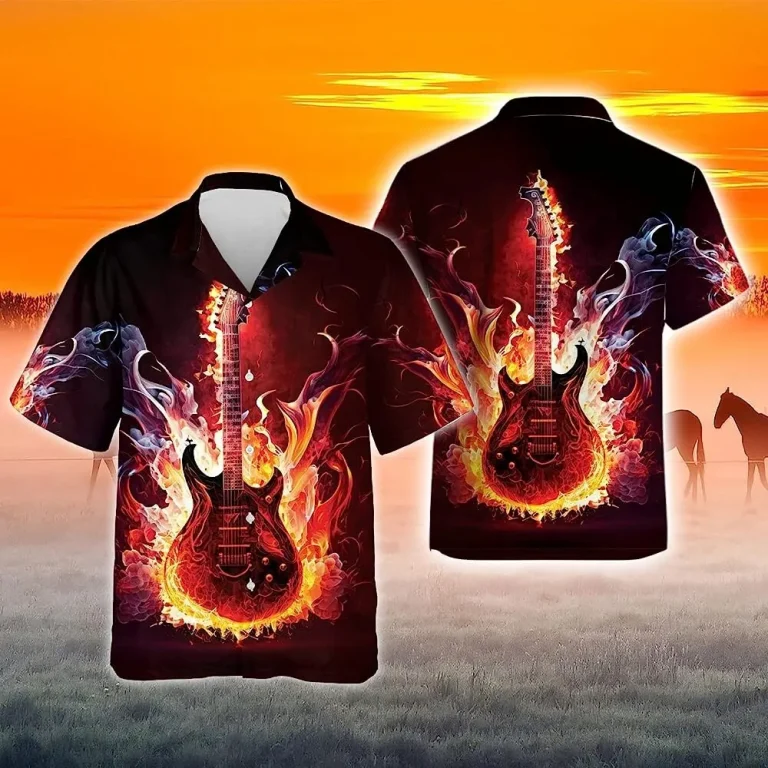 Guitar And Flame Hawaiian Shirt, Music Summer Aloha Shirt, Short Sleeve Button Down Hawaiian Shirt, Guitar Aloha Shirt, Vintage Hawaii Beach Shirt