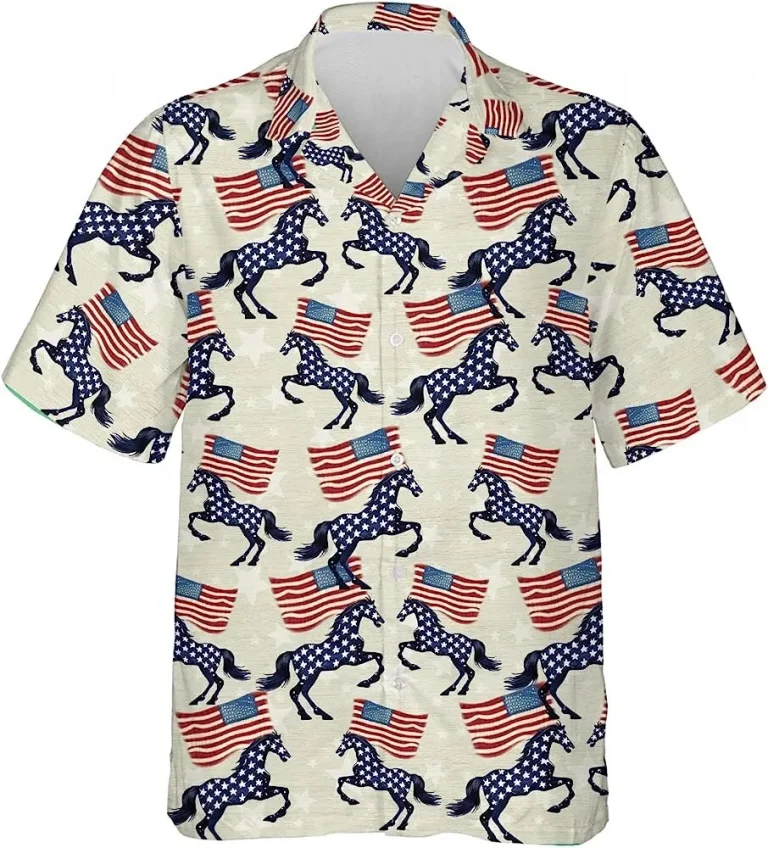 Vintage American Horse Hawaiian Shirt, Horse Shirt For Men Women, 4th Of July Shirt, Summer Vacation Hawaiian Shirt, Patriotic Shirt