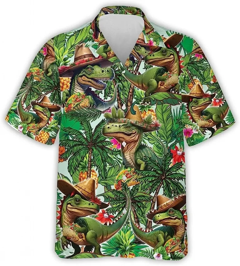 Mexican T-rex Tropical Pattern Hawaiian Shirts, Dinosaur Tropical Beach Shirt, Casual Printed Beach Summer Shirt, Aloha Shirt, Hawaiian Style Shirts