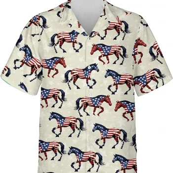 American Horse Summer Men Hawaiian Shirt, Horse Shirt For Independence Day, 4th Of July Shirt, Summer Aloha Shirt, Horse Lovers Gift, Beach Shirt