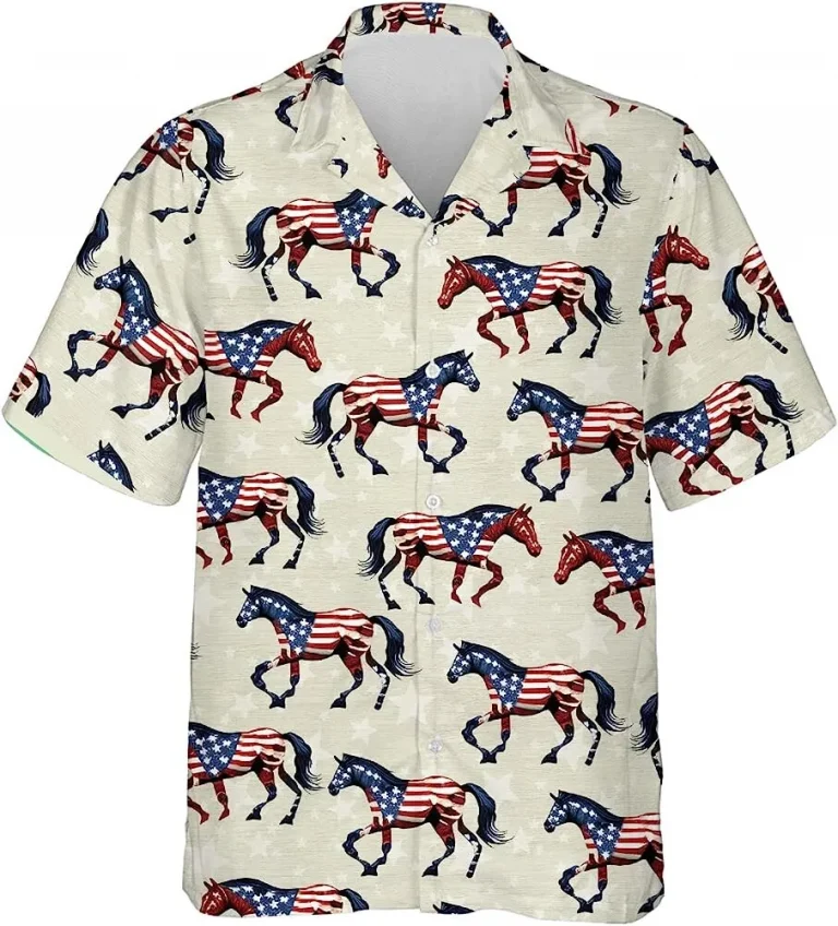 American Horse Summer Men Hawaiian Shirt, Horse Shirt For Independence Day, 4th Of July Shirt, Summer Aloha Shirt, Horse Lovers Gift, Beach Shirt