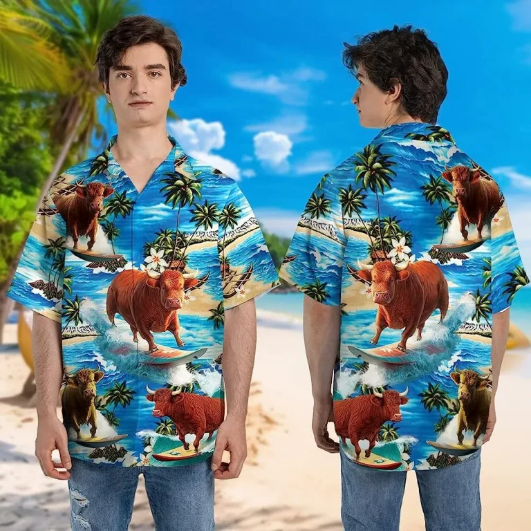Cow Men's Hawaiian Shirt, Surfing Tropical Summer Beach Aloha Button Down Short Sleeve Mens Hawaiian, Casual Printed Beach Summer Shirt