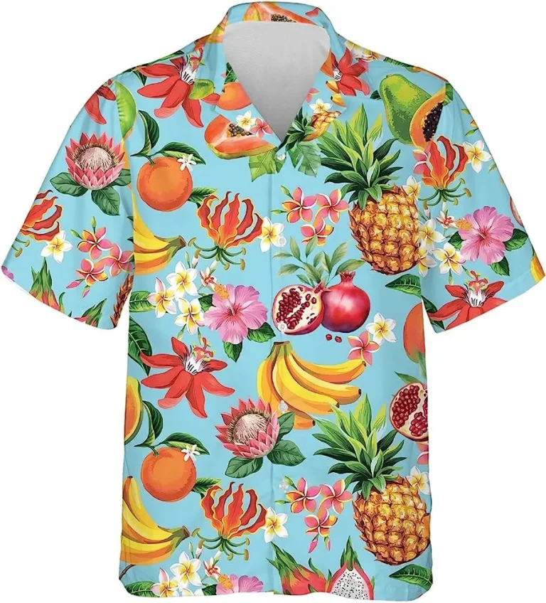 Fruit And Hibiscus Tropical Aloha Hawaiian Shirt, Aloha Vibes Beach Shirt, Tropical Summer Beach Aloha Button Down Short Sleeve Mens Hawaiian