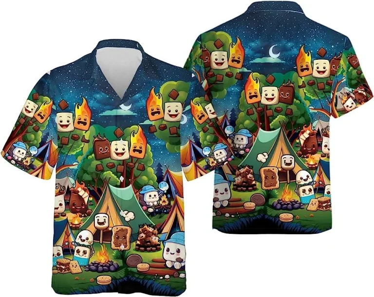 Marshmallow Camping Hawaiian Shirt, Chocolate Night Shirt, Short Sleeve Button Down Hawaiian Shirt, Aloha Vibes Beach Shirt