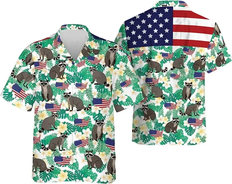 Raccoon American Flag Tropical Hawaiian Shirt, Raccoon Aloha Shirt, Casual Printed Beach Summer Shirt, Short Sleeve Button Down Hawaiian Shirt
