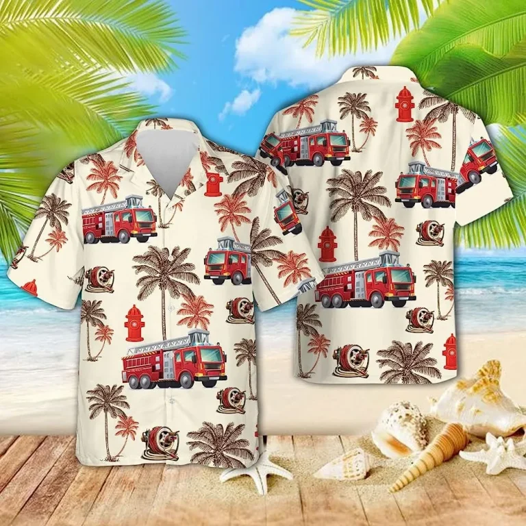 Vintage Fire Rescue Coconut Tropical Hawaiian Shirts, Honor Firefighter Summer Aloha Beach Shirt, Fireman Button Down Shirt, Summer Men Hawaiian Shirt
