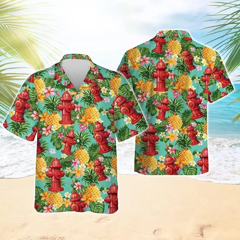 Fire Hydrant Tropical Pineapple Hawaiian Aloha Shirt For Men Women, Firefighter Hawaiian Shirt, Beach Style Button Down Shirt, Summer Beach Shirt