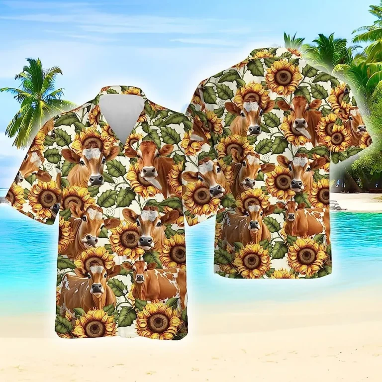 Jersey Cow And Sunflower Hawaiian Shirts For Men, Cow Short Sleeve Button Down Shirt, Hawaiian Style Shirts, Summer Aloha Shirt, Farmers Gift