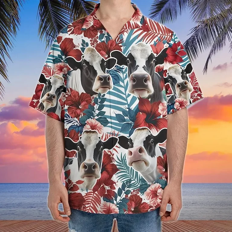 Funny Dairy Cow Hibiscus Summer Men Hawaiian Shirt, Dairy Cow Shirt, Hibiscus Flower Hawaiian Shirt, Beach Style Button Down Shirt