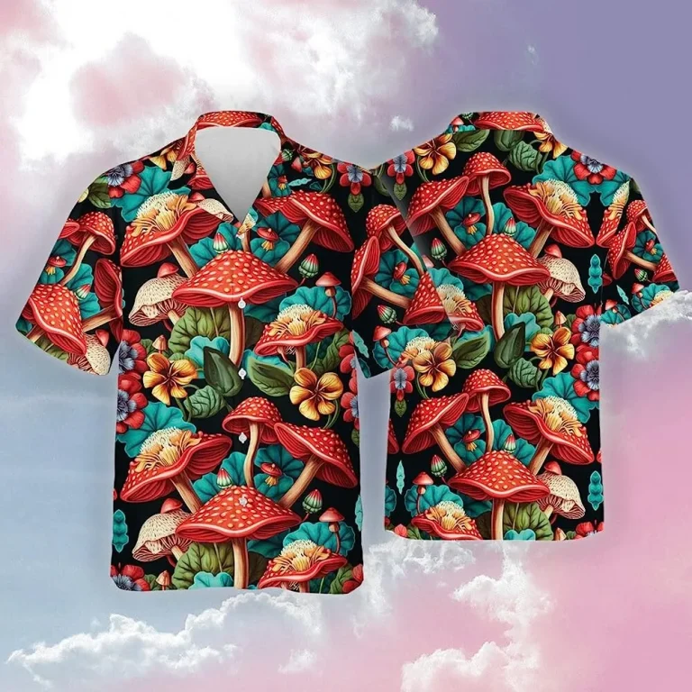 Magic Mushroom And Tropical Flower Hawaiian Shirt, Mushroom Tropical Pattern Shirt, Hawaiian Style Shirt, Aloha Vibes Beach Shirt, Button Down Shirt