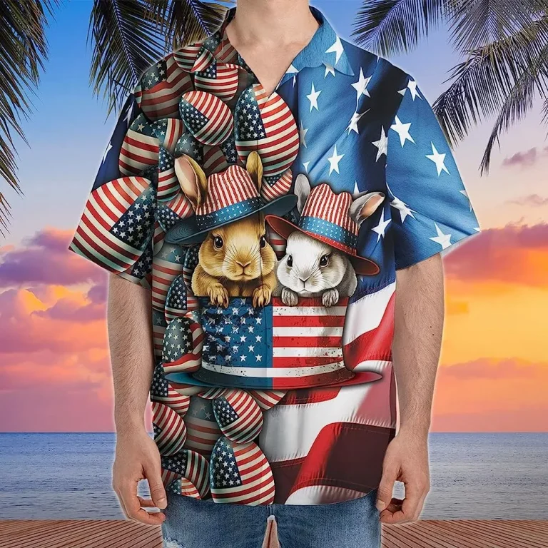 American Flag Easter Bunny Hawaiian Shirt, Summer Beach Aloha Button Down Short Sleeve Mens Hawaiian, Patriotic Shirt, Rabbit Shirt, Us Flag Shirt