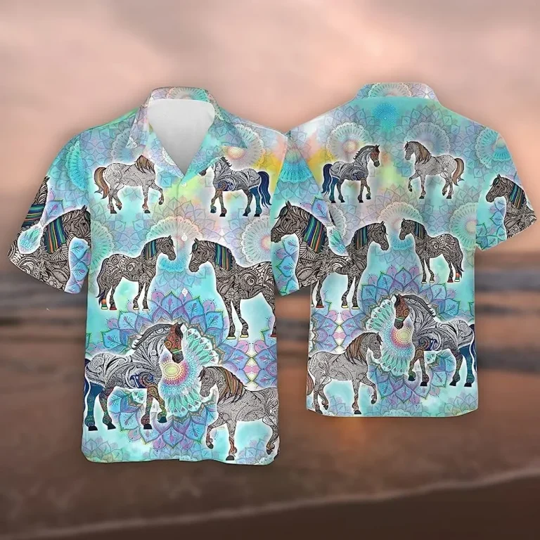 Rainbow Mandala Horse Hawaiian Shirt, Horse Shirt, Short Sleeve Button Down Hawaiian Shirt, Summer Beach Shirt, Hawaiian Aloha Shirt