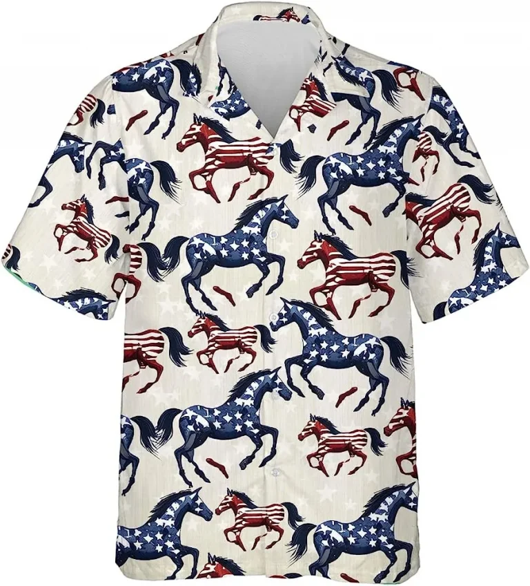 Blue And Red Stars And Stripes Horse Hawaiian Shirt, American Horse Shirt, Independence Day Shirt, Family Aloha Shirt, Summer Beach Shirt