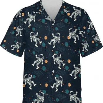 Vintage Astronaut In Space Hawaiian Shirt, Astronaut Button Down Shirt, Summer Vacation Hawaiian Shirt, Casual Printed Beach Summer Shirt