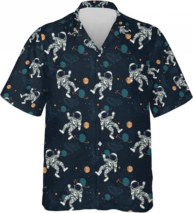 Vintage Astronaut In Space Hawaiian Shirt, Astronaut Button Down Shirt, Summer Vacation Hawaiian Shirt, Casual Printed Beach Summer Shirt