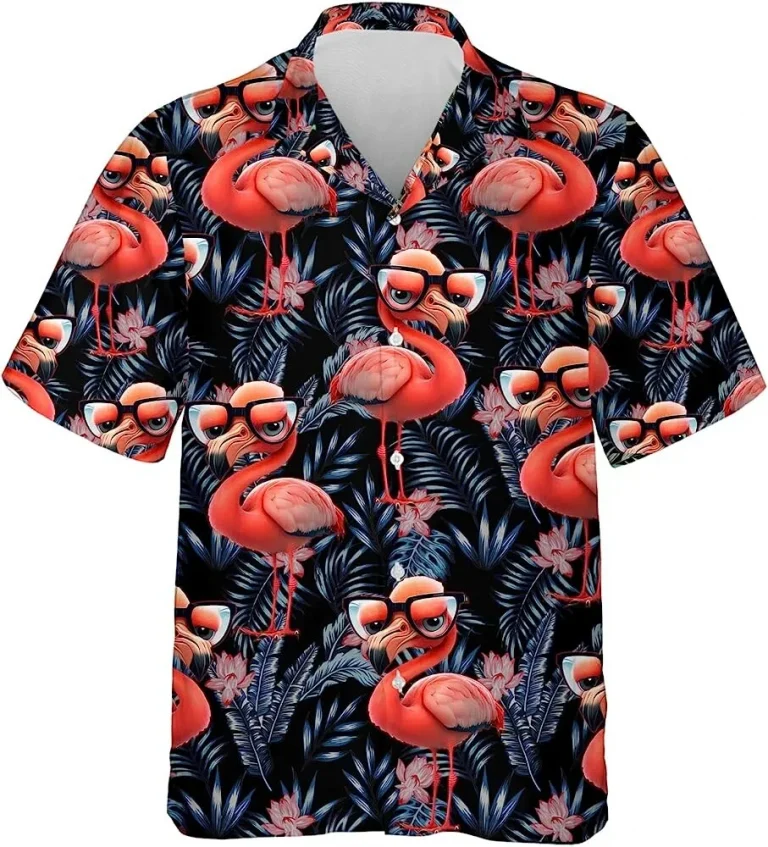 Funny Flamingo Tropical Beach Shirt, Flamingo Hawaiian Shirt, Casual Button Down Shirt Short Sleeve, Summer Aloha Shirt, Vintage Hawaii Beach Shirt