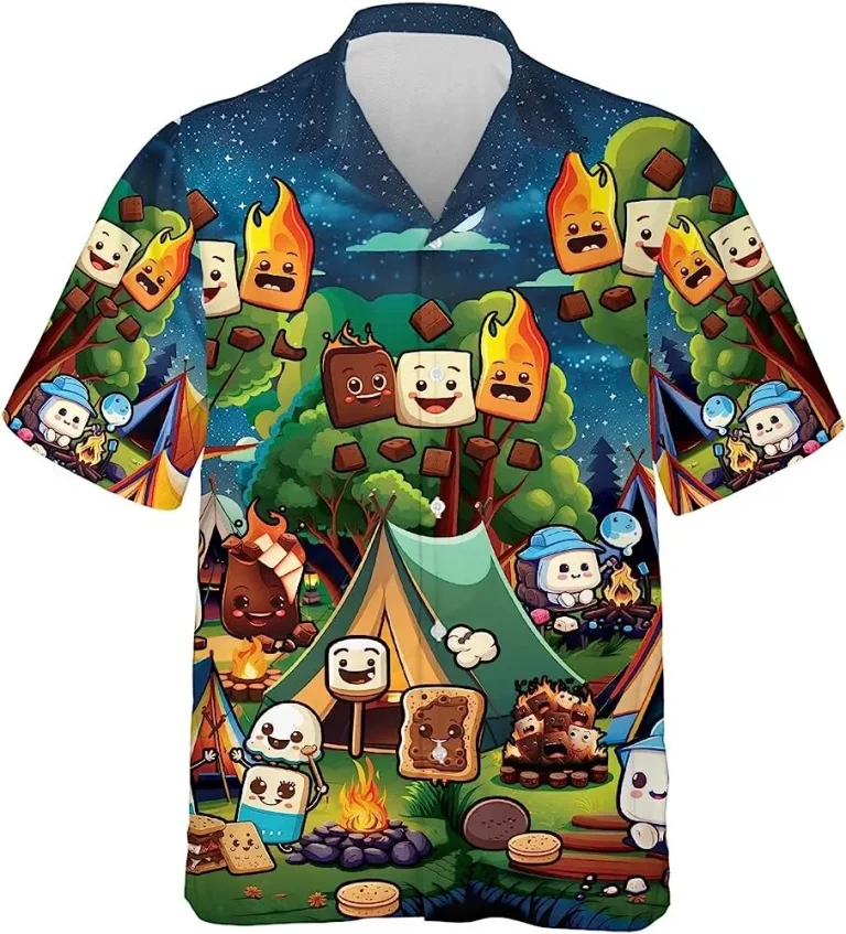 Marshmallow Camping Hawaiian Shirt, Chocolate Night Shirt, Short Sleeve Button Down Hawaiian Shirt, Aloha Vibes Beach Shirt