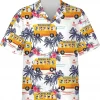 School Bus Tropical Pattern Shirt For Men Women, Bus Drivers Aloha Tropical Flowers Hawaiian Shirt, Beach Style Button Down Shirt